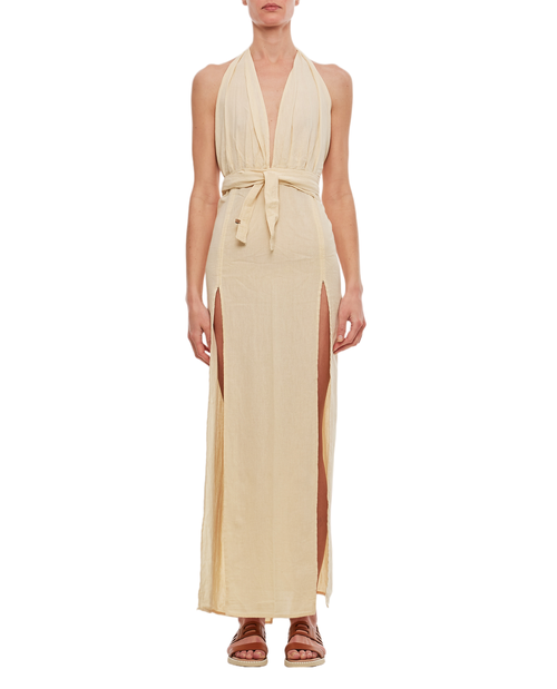 Beige Cotton Maxi Dress with Deep V Neckline and Slits