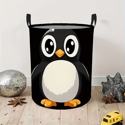 TEMU Large Capacity Laundry Hamper Basket - Cute Penguin, Heavy-duty Foldable Clothes Bin With Handles, Space-saving Round Organizer For, Bedroo