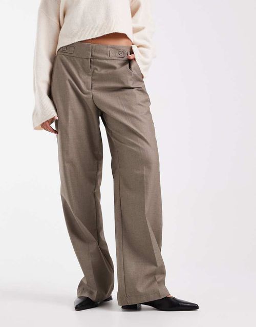 Tailored pleated front wide leg pants with adjustable button waist in heathered beige-Neutral