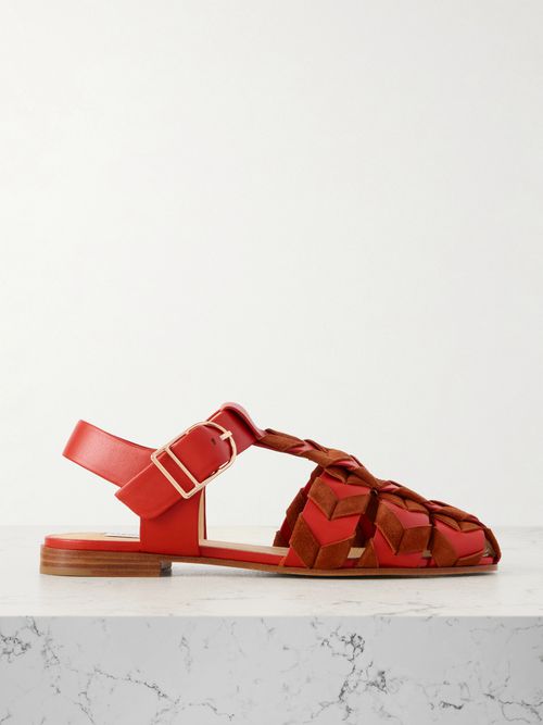 Lynn Suede-trimmed Leather Sandals - Orange
