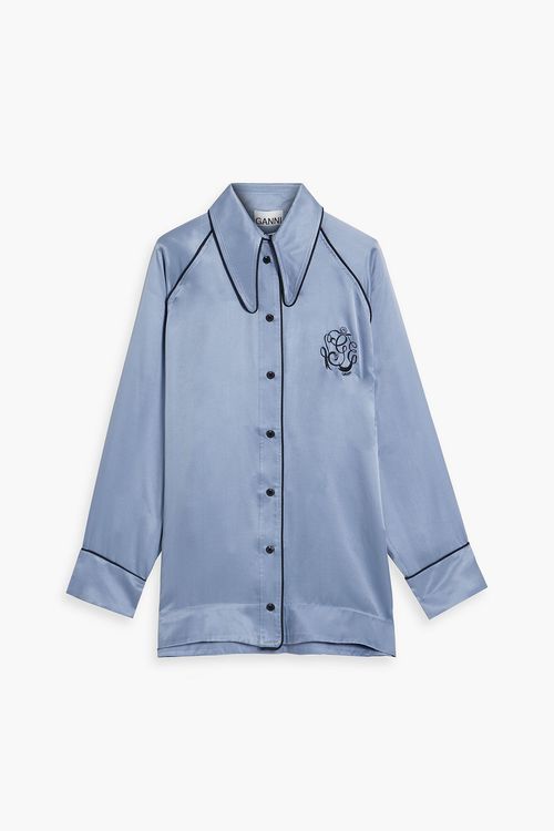 GANNI - Embroidered modal and silk-blend satin pajama top - Blue - XXS/XS