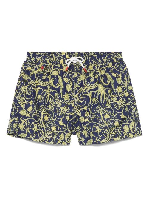 Abstract-Pattern Print Swim Shorts — Navy