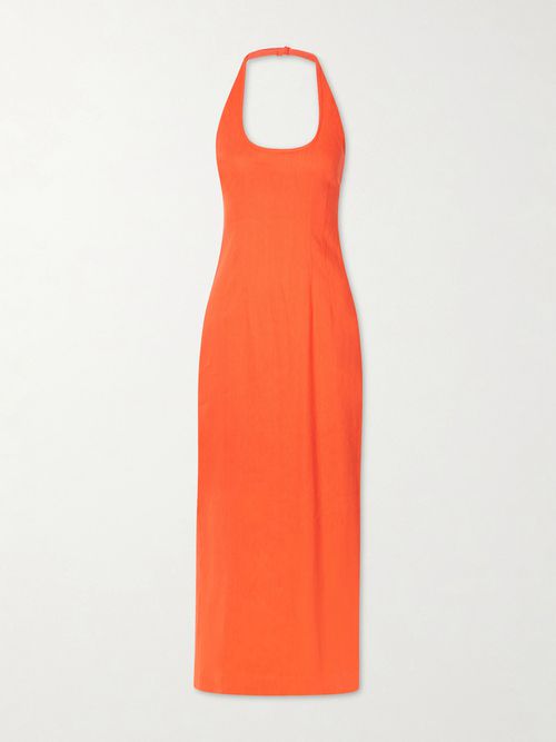 Elodie Linen-blend Halterneck Midi Dress - Orange