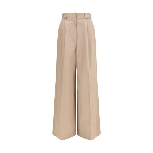 High-Waisted Cotton Twill Flared Trousers — Beige