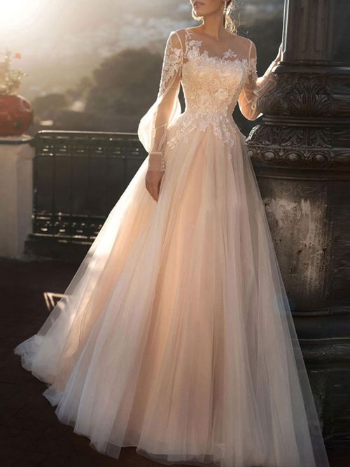 Wedding Dresses 2026 A Line Illusion Neck Long Sleeve Floor Length Tulle Pleated Bridal Dress With Train