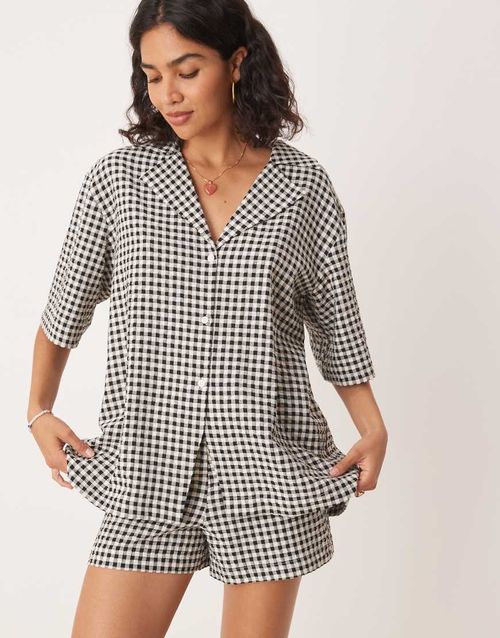 Revere collar resort shirt in mono gingham-Black