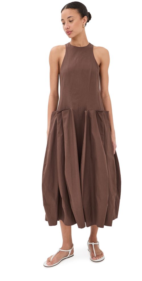 Compact Poplin Pinched Pleat Dress Sepia Brown