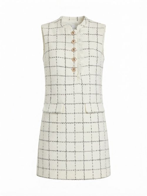 Check Boucle Lace Trim Mini Dress