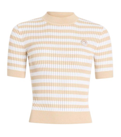 Beige Stripes Mock Collar T-Shirt