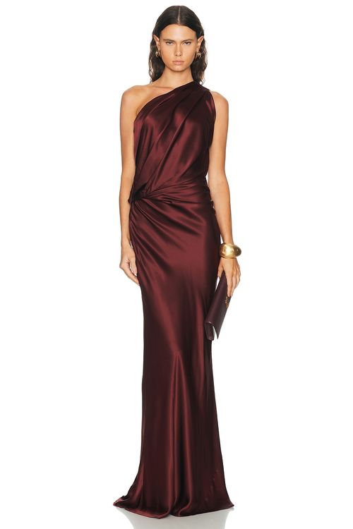 The Sei Draped One Shoulder Gown in Henna - Brown. 0 also in