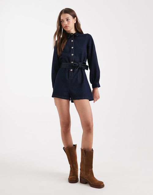 Belted denim playsuit in indigo wash-Navy