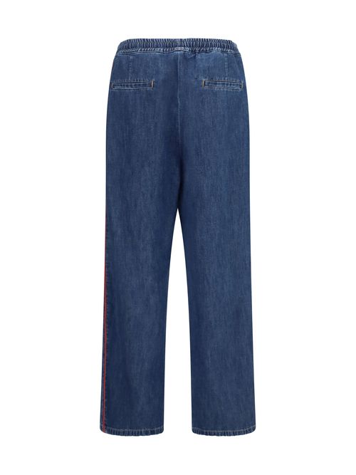 Wide-Leg Denim with Red Side Stripe Trousers — Blue