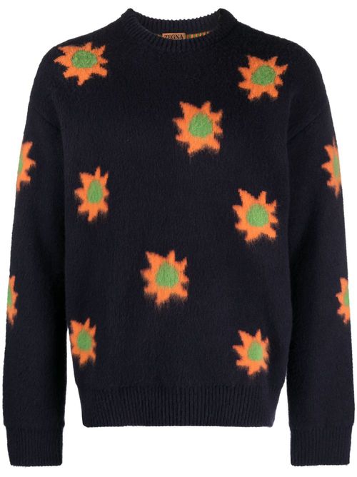 Patterned intarsia-knit brushed-effect jumper - Blue