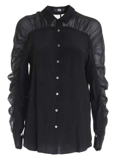 W/Gathering silk shirt in black