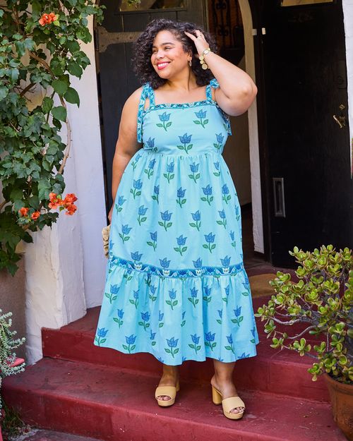 Organic Cotton Tie-Strap Midi Dress in Tulip Bloom | Women's S | Blue