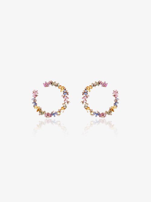 18K Rose Gold Rainbow Firework Sapphire Diamond Hoop Earrings - Women's - Sapphire/18kt Rose Gold