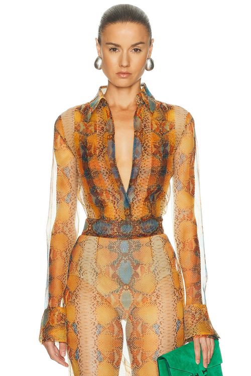 LaQuan Smith Pleat Front Long Sleeve Blouse in Snake - Orange. L also in