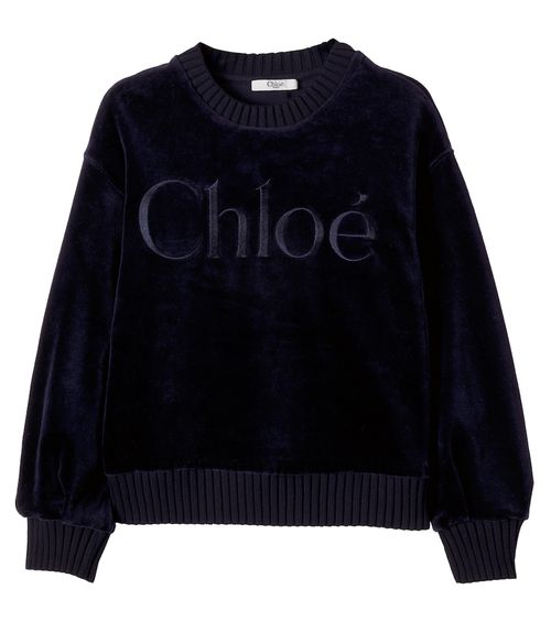 Chloé Kids Logo embroidered cotton velvet sweatshirt