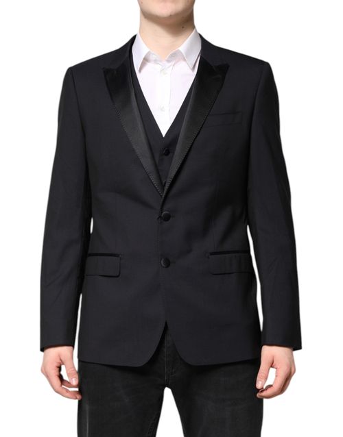 Virgin Wool Blazer with Vest Pant Suit — Black