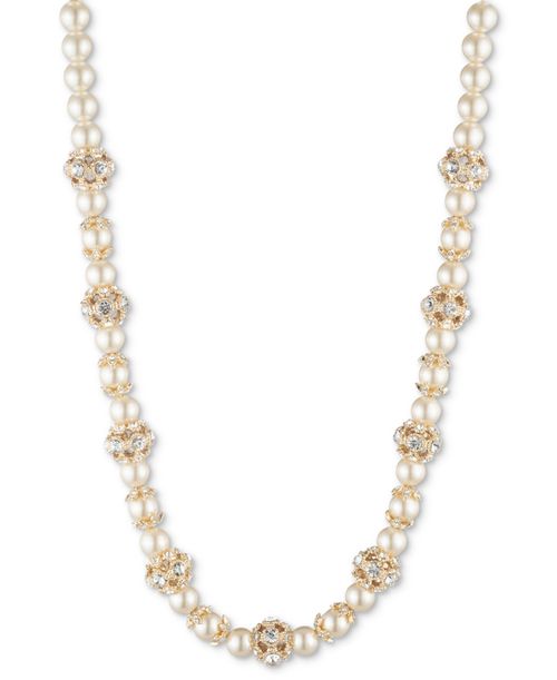 "Gold-Tone Imitation Pearl & Crystal Button Station Necklace, 16"" + 3"" extender - Gold"