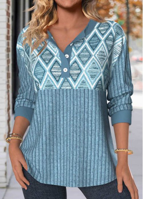 Modlily Dusty Blue Button Geometric Print Long Sleeve Sweatshirt