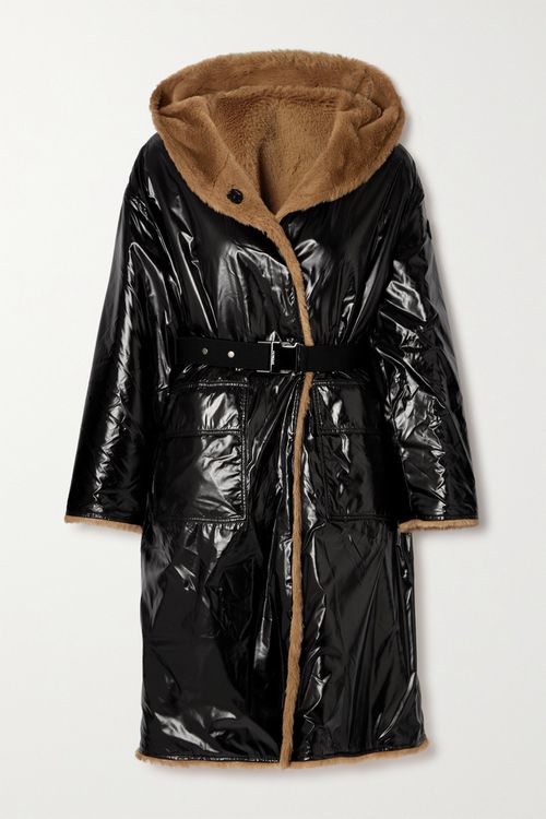 Actee Reversible Hooded Belted Glossed-shell And Faux Shearling Coat - Black - 1