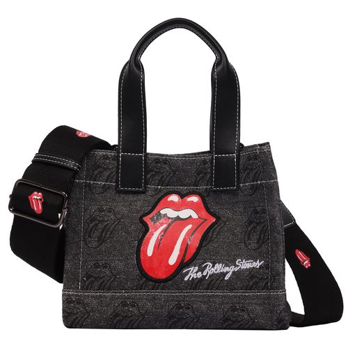 Black Denim Mini Tote Bag - Tongue Logo Patch, All-Over Print & Adjustable Crossbody Strap