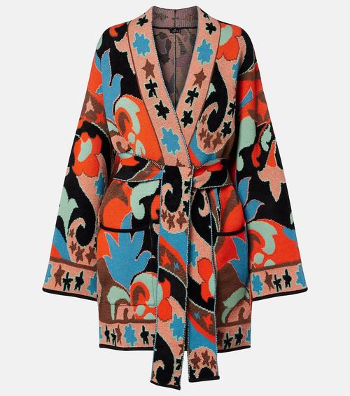 Belted jacquard wool-blend wrap cardigan