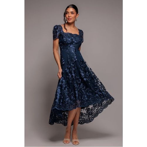 Scalloped Neck Embroidered Lace High Low Midi Dress - Navy Blue by Goddiva