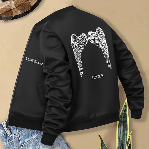 TEMU Women's Black "idols" Graphic Jacket With & Zipper Details - , Long Sleeves, Wear, Casual Outerwear | Trendy Casual Jacket | Zippered Jacket