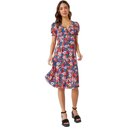Roman Women's Frill Sleeve Floral Tea Dress in Red