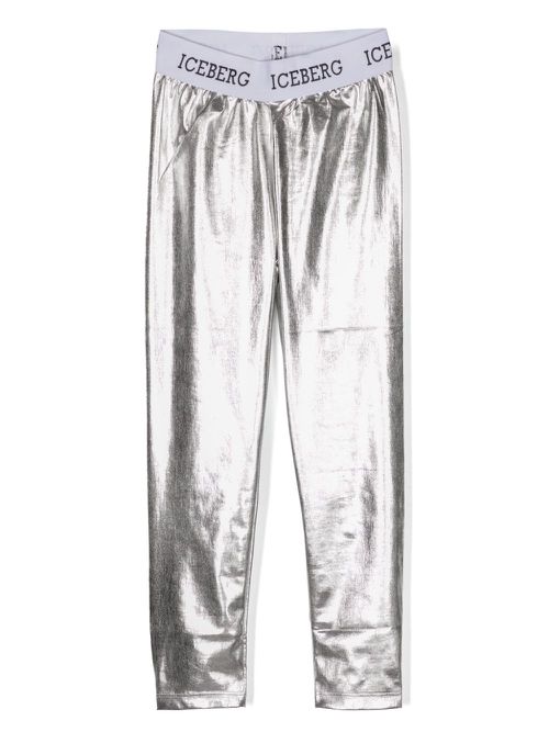 Logo-waistband laminated leggings - Silver