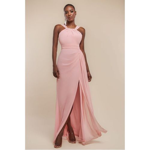 Goddiva Halterneck Thigh Split Chiffon Maxi Dress - Blush Pink