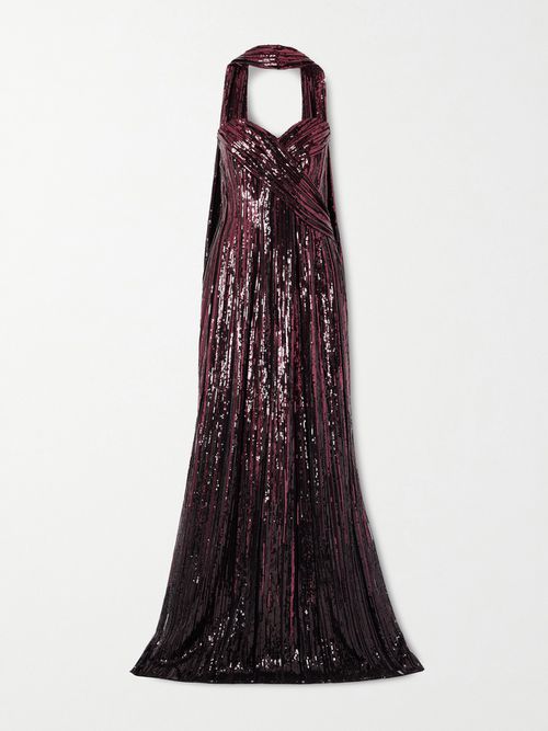 Strapless Scarf-detailed Sequined Tulle Gown - Burgundy
