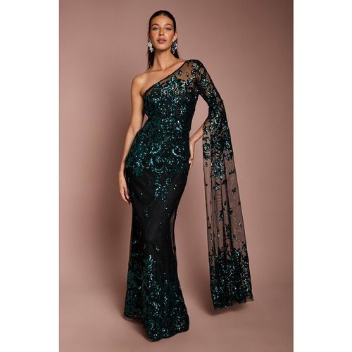Coast Women's One Shoulder Maxi Dress In Lace w/ Cape Sleeve in Emerald
