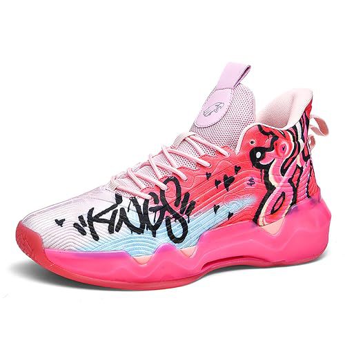 Mens High Top Basketball Shoes Womens Breathable Outdoor Fashion Lightweight Unisex-Adult Laceup Running Shoes Pink