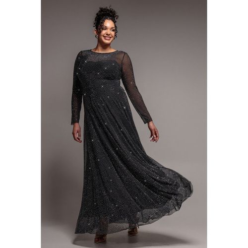 Goddiva Plus Hotfix Diamante Mesh A-Line Long Sleeve Maxi Dress - Black
