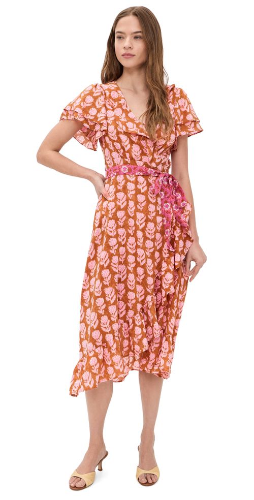 Frilly Wrap Dress Brown And Pink Flower