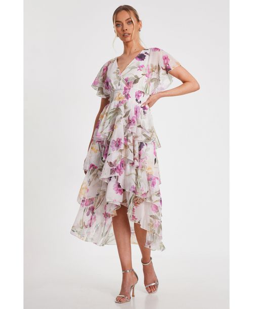 Women's Floral Chiffon Tiered Maxi Dress - White