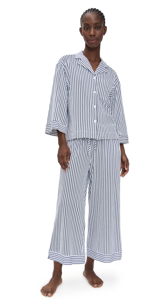 Luxe Pima French Ticking Wide Leg Pajama Set Navy