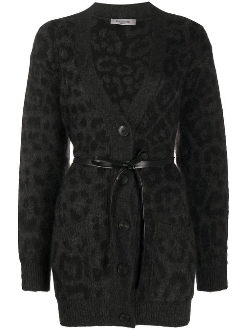Valentino Garavani leopard pattern belted V-neck cardigan - Grey