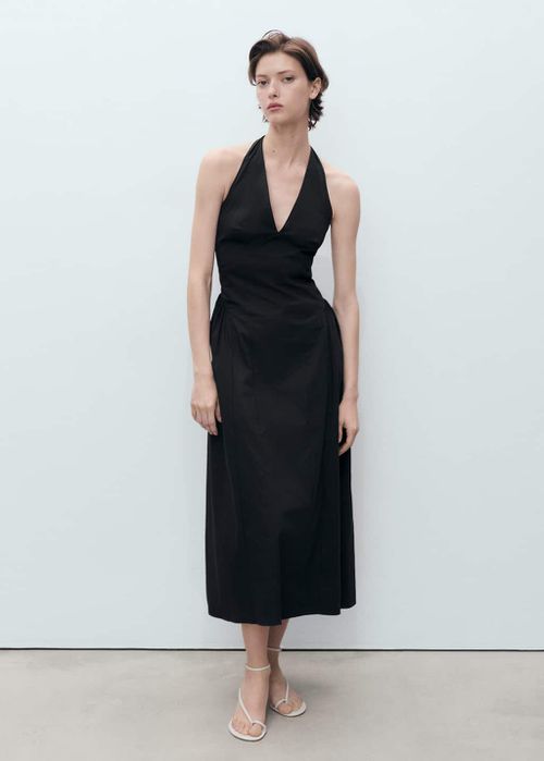 Halter neck cotton midi-dress black - Woman - 