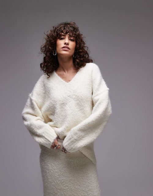 Topshop knitted co-ord v-neck fluffy oversized jumper in cream-White