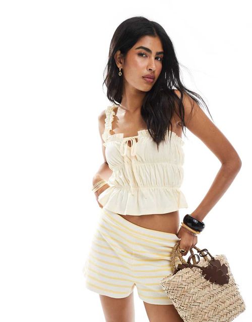 Shirred tie front top in butter yellow