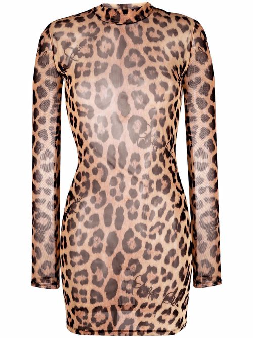 Leopard-print mock neck dress - Neutrals