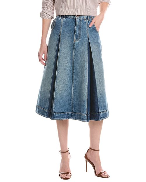 Vintage Blue Denim Pleated Midi Skirt