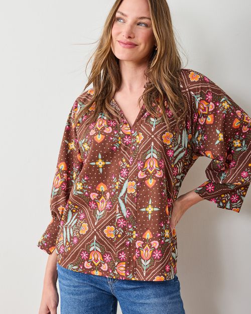 Organic Cotton Cropped Sleeve Blouse in Floral Bandana | Women's XS | Brown