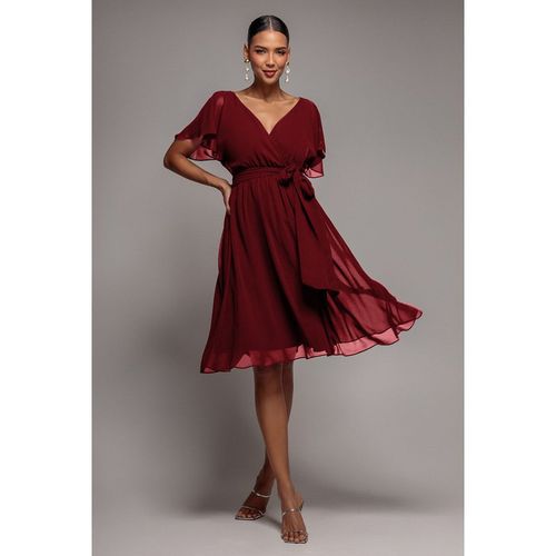 Goddiva Chiffon Flutter Sleeve Wrap Midi Dress - Berry