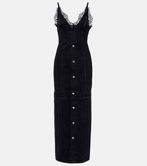 Lace-trimmed denim maxi dress