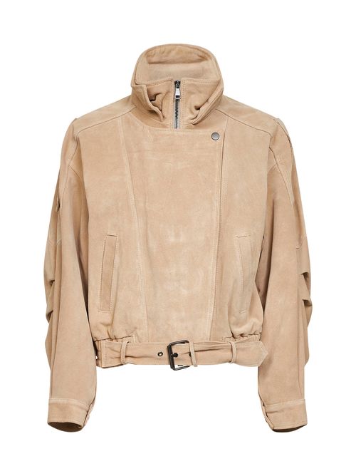 Belted Suede Biker Jacket — Beige